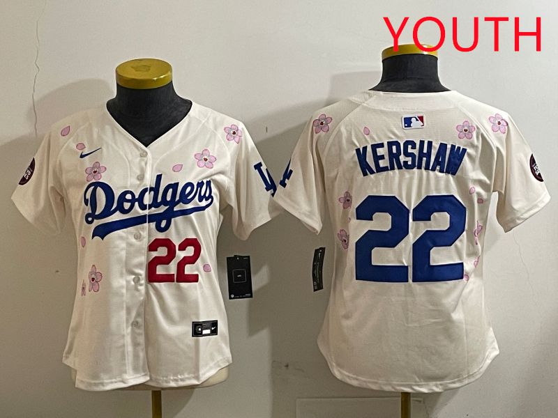 Youth Los Angeles Dodgers #22 Kershaw Cream Sakura Edition 2025 Nike MLB Jersey style 4